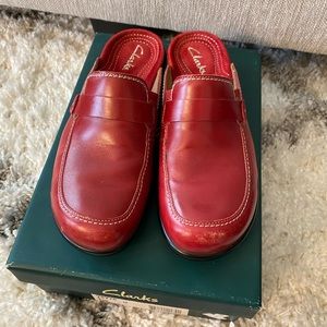 Clarks red leather slip ons size 9